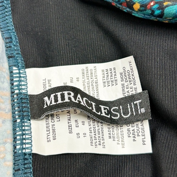 Miraclesuit Thebes Criss Cross Escape 1PC Swimsuit *Teal & Gold Print* Size 10 - Picture 5 of 8